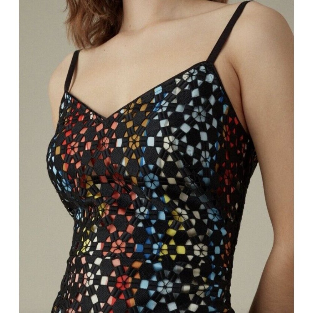 KAREN MILLEN Lace Midi Dress Multi Color Black Skirt Adjustable Straps Size 8